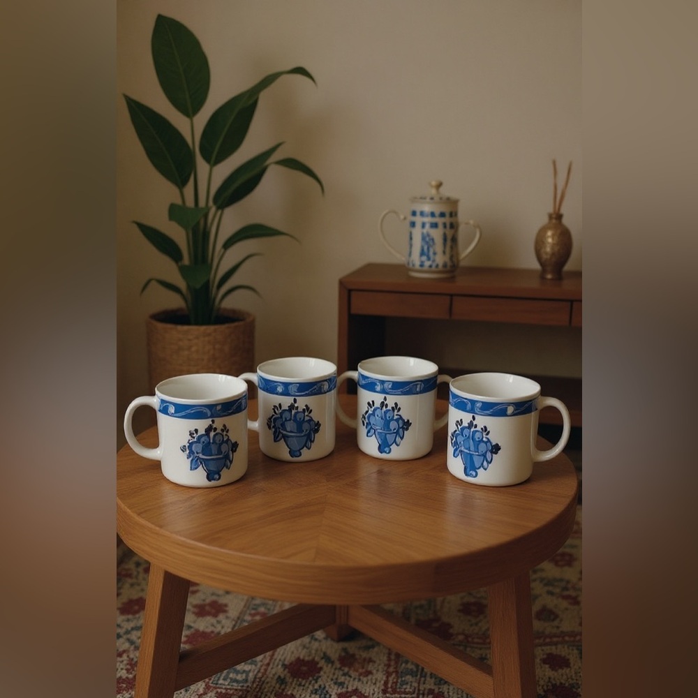 Lillian Vernon 1990Fruit‎ Bowl Floral Tea Coffee Cups Mugs Blue Set Of 4
